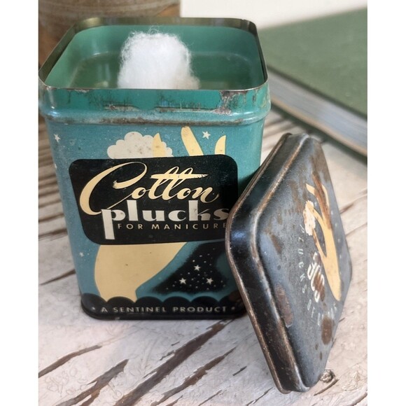 Vintage 1940’s Tin Cotton Plucks Cotton Ball Decor Item Advertising W/ Contents - Picture 1 of 9